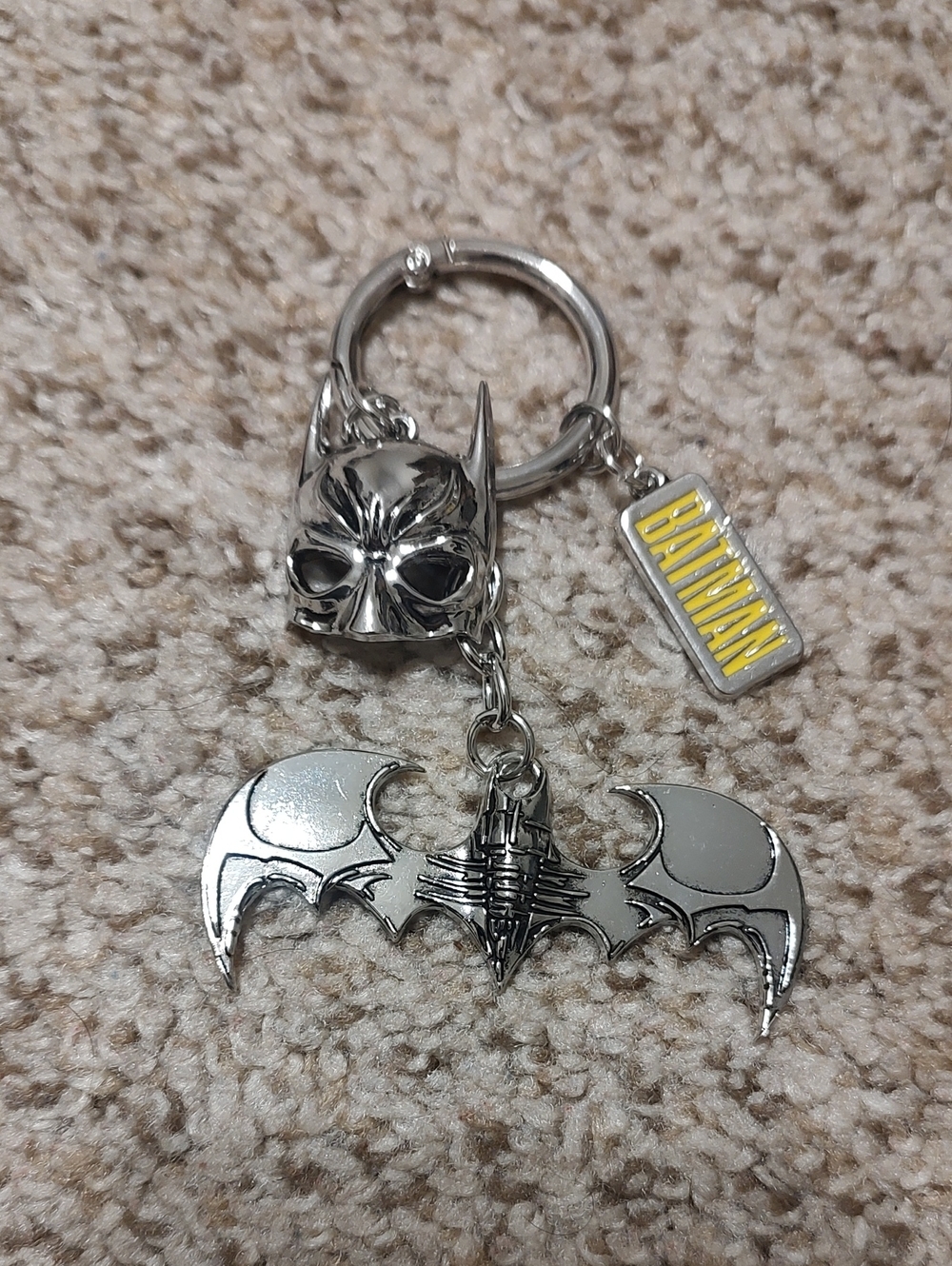 Batman Silver Bat Emblem Keychain with Yellow Logo Tag